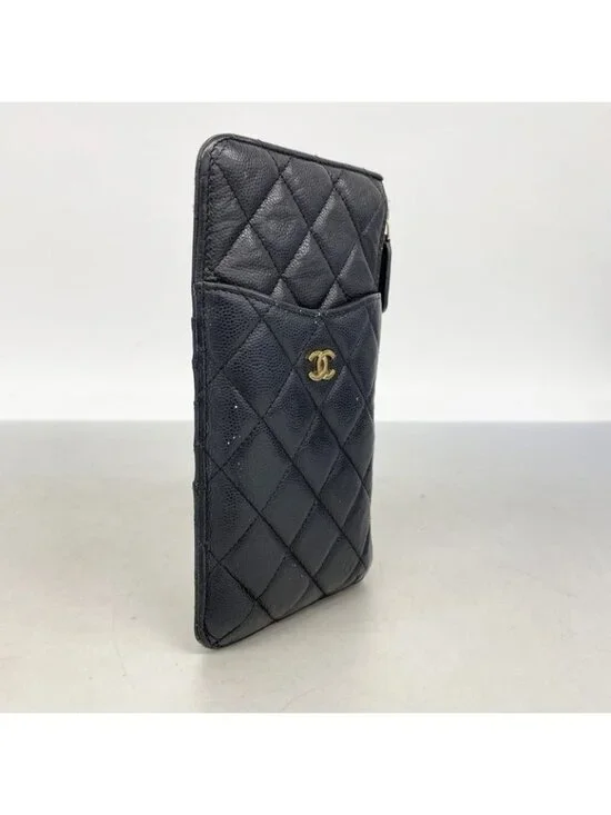Chanel Wallet Quilted Caviar Leather Black Champagne Gold - Picture 2 of 9